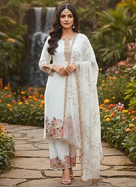 Sophisticated White Georgette Embroidered Sequins Palazzo Suit
