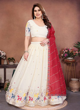 Sophisticated White Georgette Embroidered Umbrella Lehenga