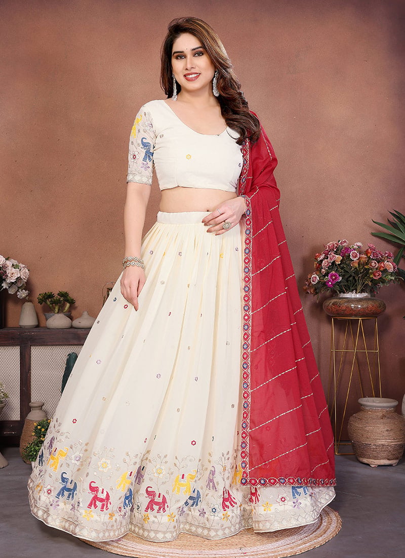 Sophisticated White Georgette Embroidered Umbrella Lehenga Festive Wear