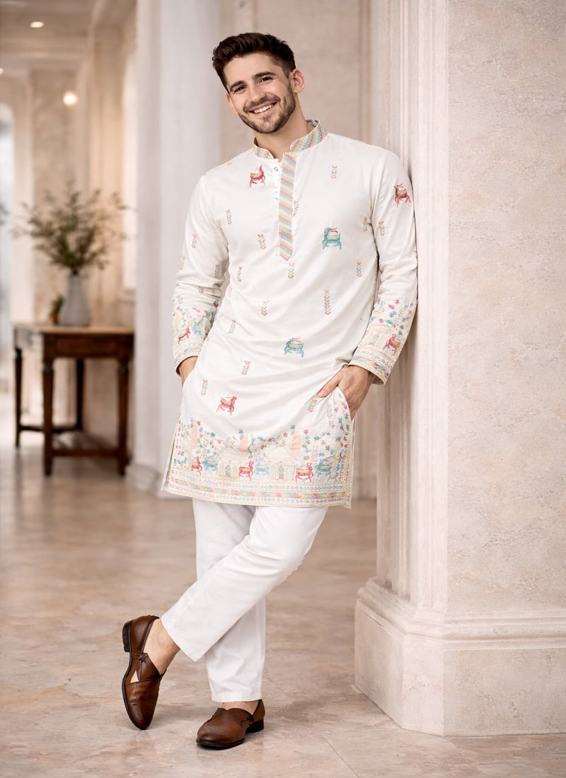 Sophisticated White Soft Silk Thread Embroidered Kurta Pyjama Festive Wear