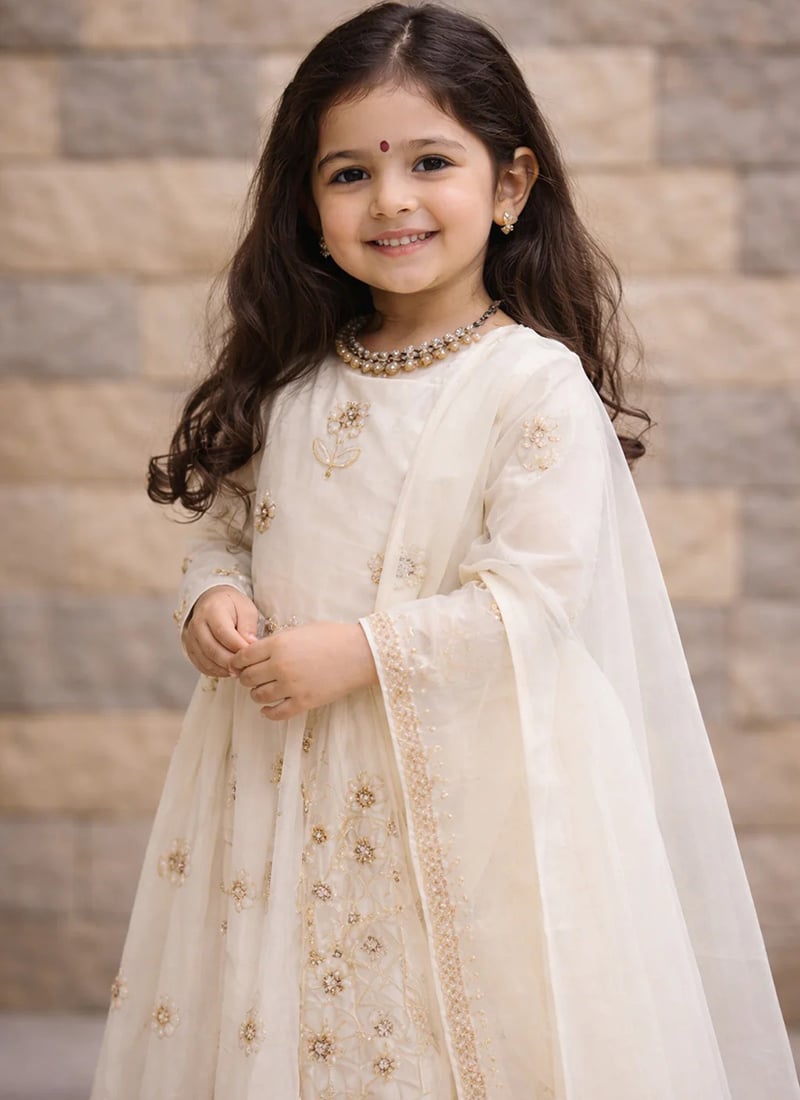 Sophisticated White Vichitra Silk Embroidery Sequence Work Kids Girls Anarkali Suit