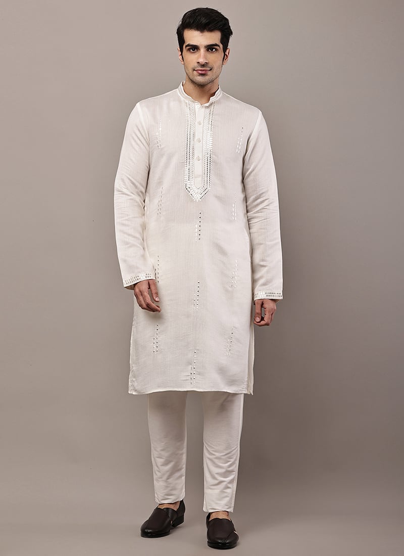 Sophisticated White Viscose Silk Embroidered Sequins Kurta Pyjama Festive Wear