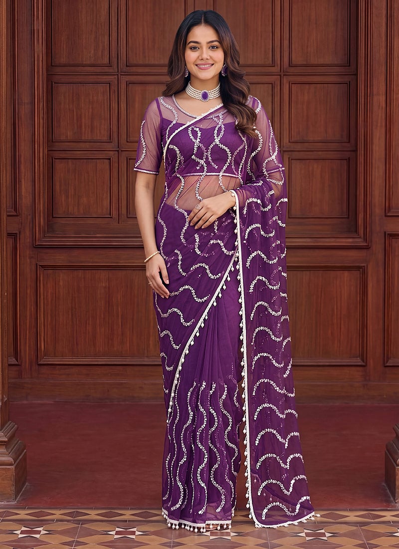 Sophisticated Wine Net Sequins Saree After Six Wear