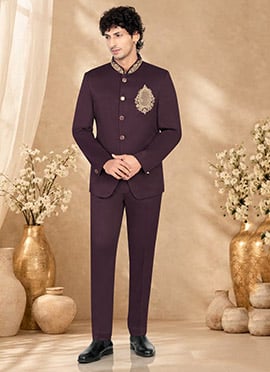 Sophisticated Wine Rayon Hand Embroidered  Bandhgala Suit