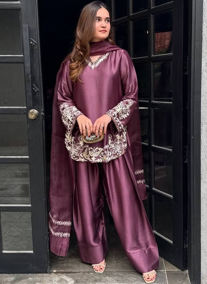 Sophisticated Wine Silk Crepe Heavy Thread Embroidery Work Farshi Salwar After Six Wear