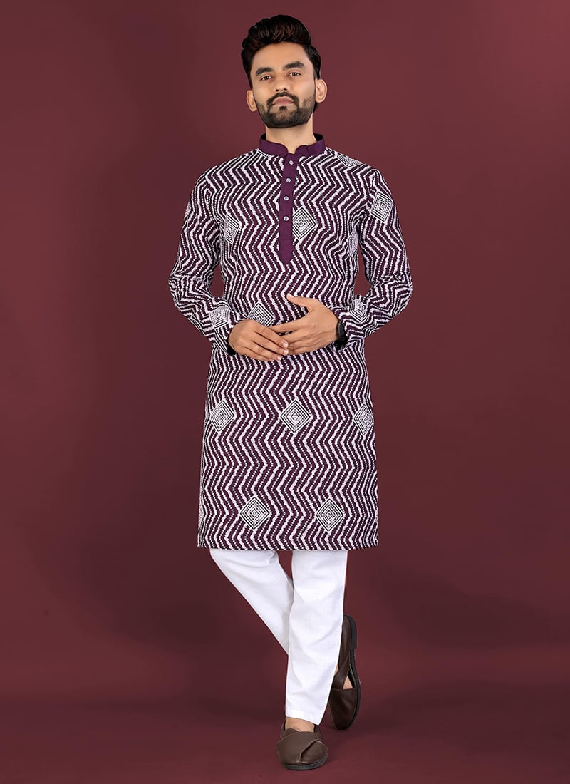 Sophisticated Wine Soft Silk Embroidered Sequins Thread Kurta Pyjama Festive Wear