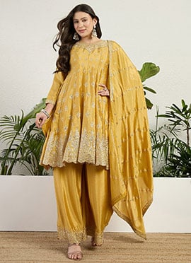 Sophisticated Yellow Chinon Embroidered Sequins Palazzo Suit