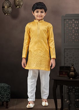 Sophisticated Yellow Soft Silk Tikki Work Kids Boys Kurta Pyjama