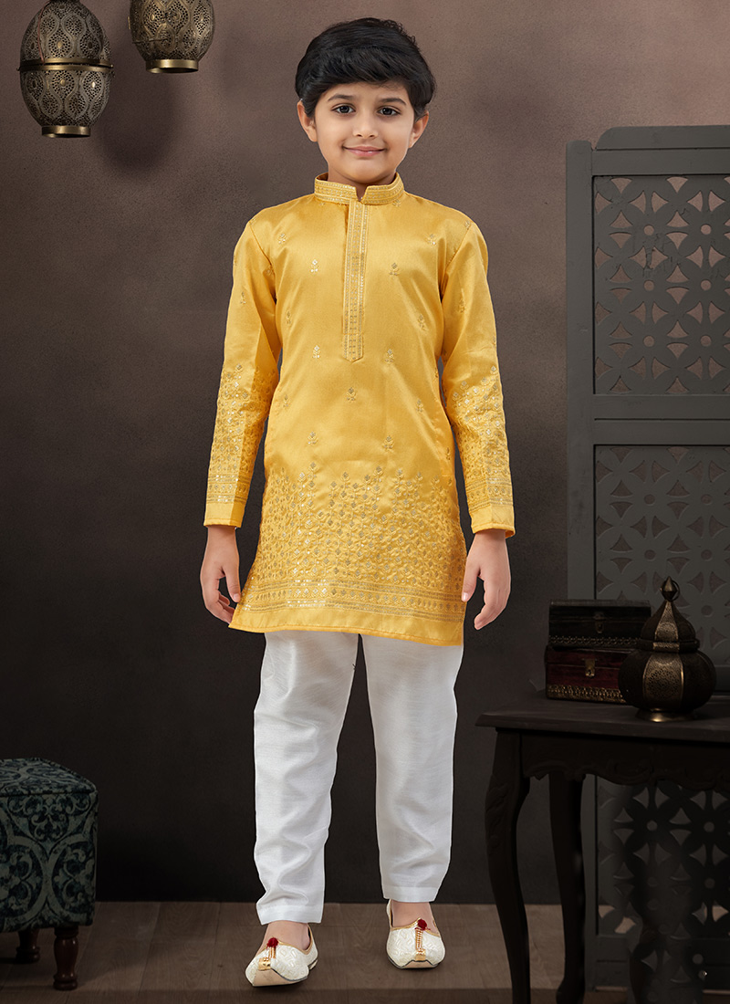 Sophisticated Yellow Soft Silk Tikki Work Kids Boys Kurta Pyjama Festive Wear