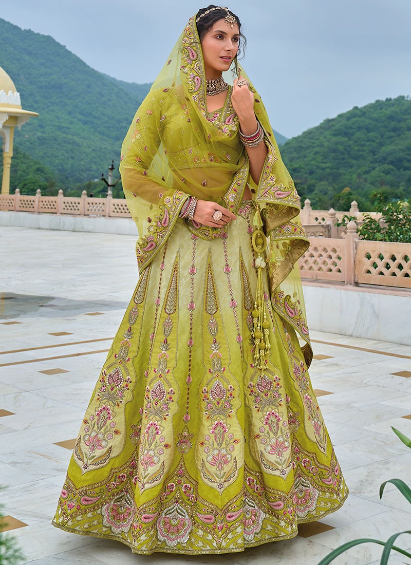 Sophistication Redefined Lime Green Silk Zari Embroidered Stone Sequins Lehenga Wedding Wear