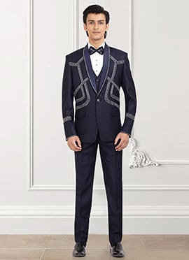 Space Blue Rayon Beads And Stone Hand Embroidered Suit