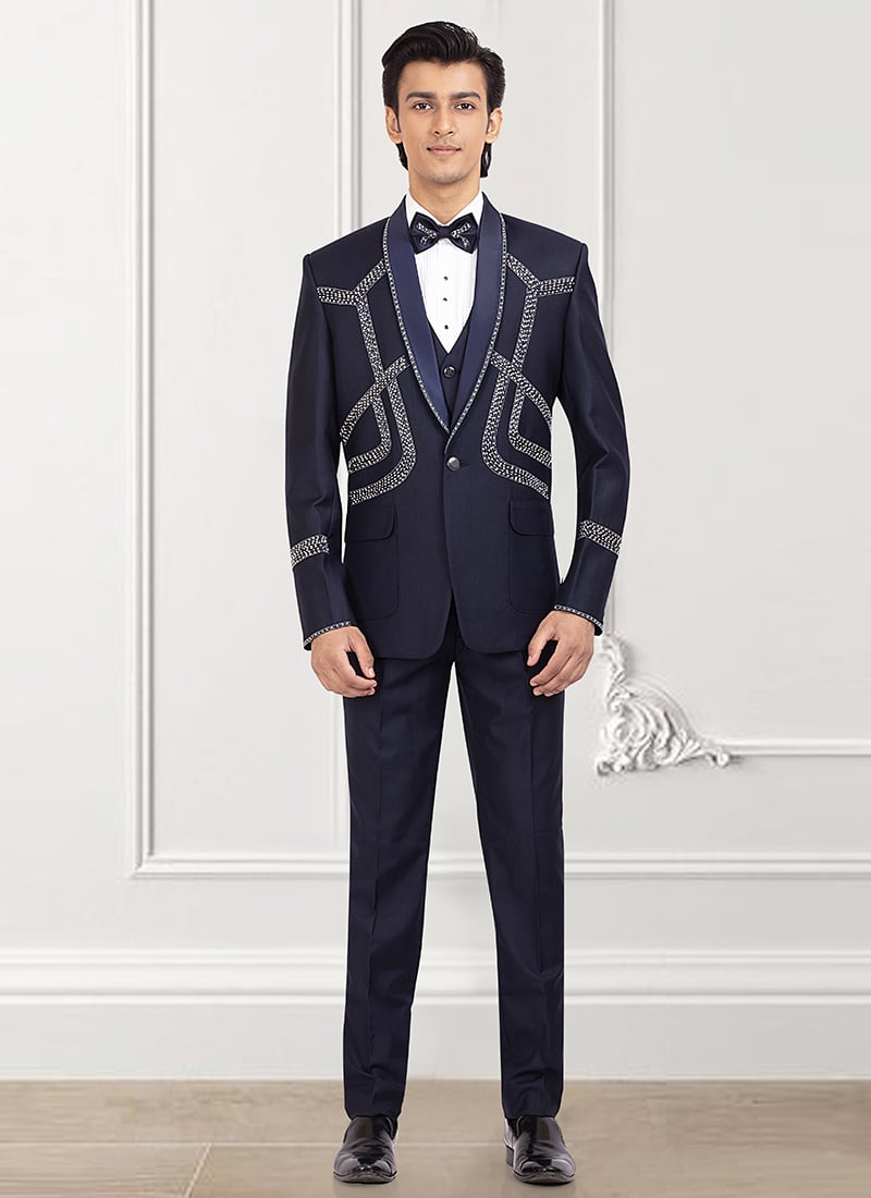 Space Blue Rayon Beads And Stone Hand Embroidered Suit Wedding Wear