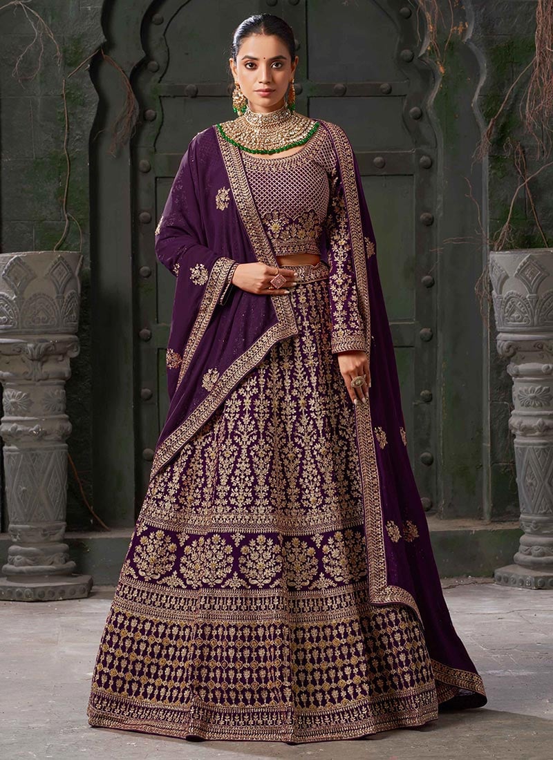 Sparkle And Shine In Purple Georgette Zari Zarkan Embroidered Lehenga