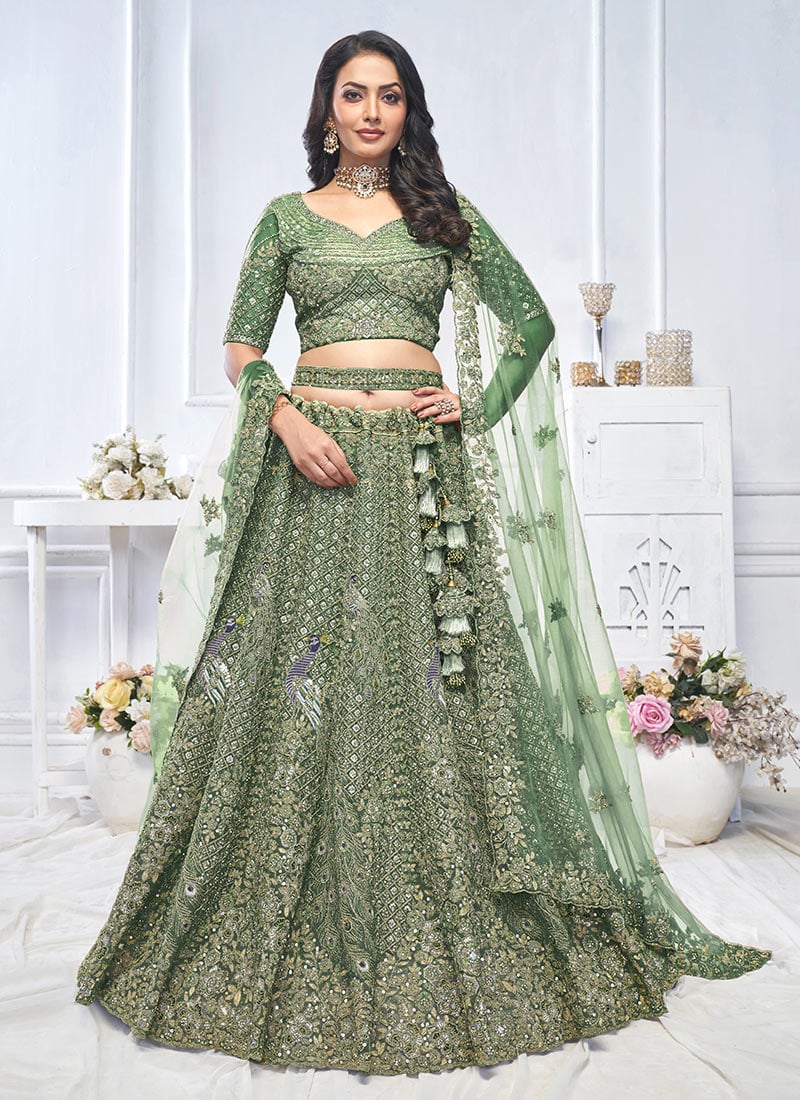 Sparkling Green Net Zarkan Work Zari Embroidered And Stone Sequins Lehenga Wedding Wear