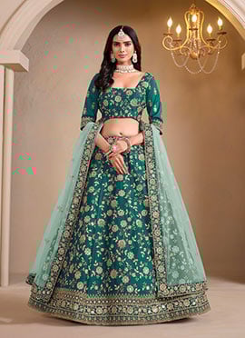 Sparkling Teal Green Silk Lehenga With Sequins And Zari Embroidery