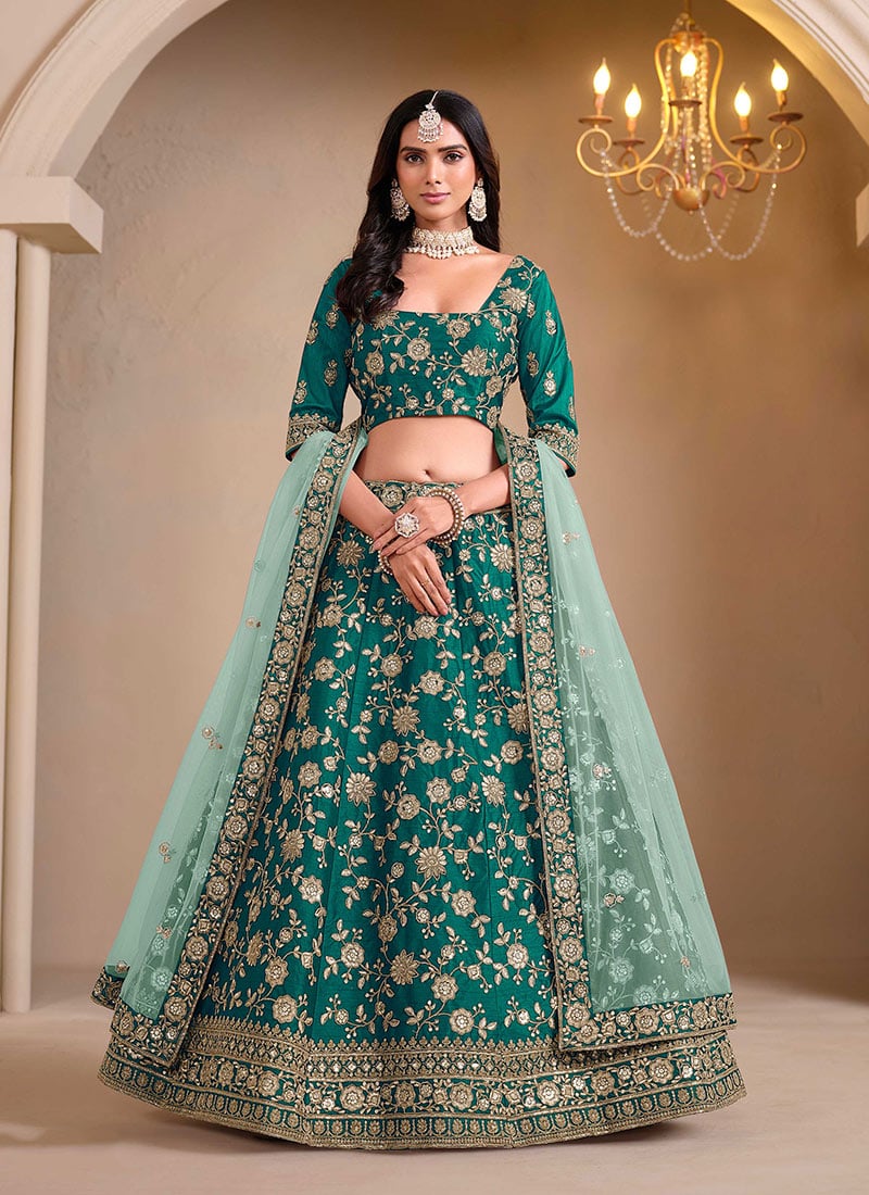 Sparkling Teal Green Silk Lehenga With Sequins And Zari Embroidery Wedding Wear