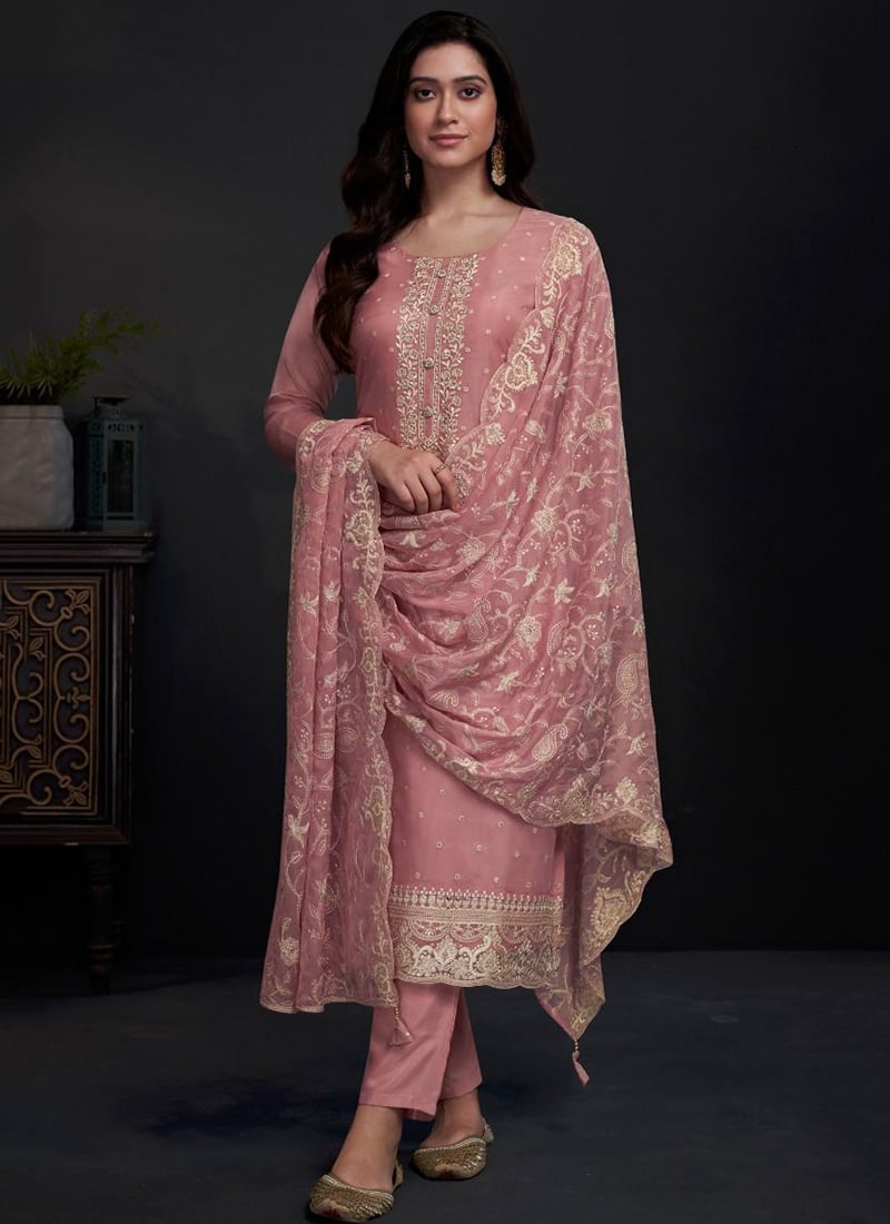 Splendid Embroidered Sequins Organza Straight Pant Suit Party Wear
