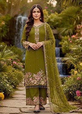 Splendid Green Georgette Embroidered Sequins Palazzo Suit