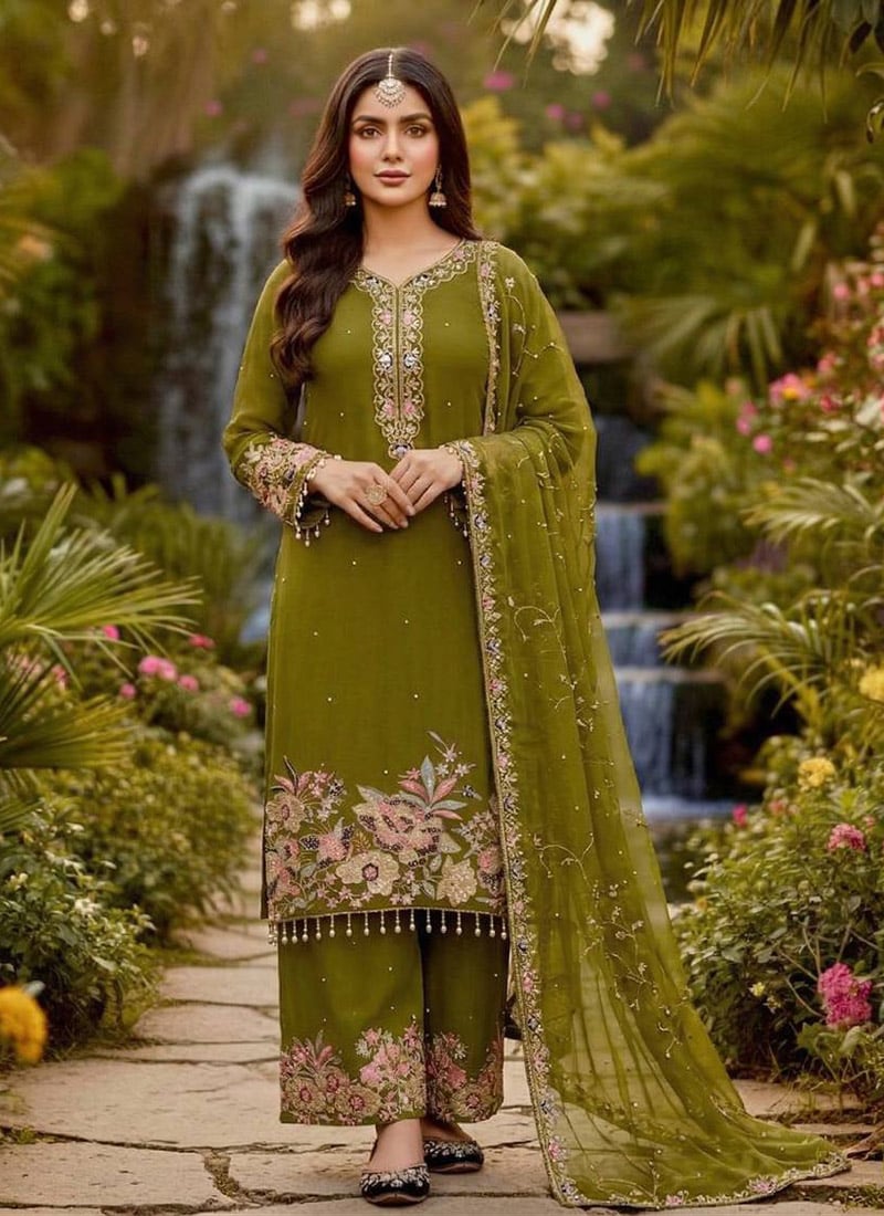 Splendid Green Georgette Embroidered Sequins Palazzo Suit After Six Wear