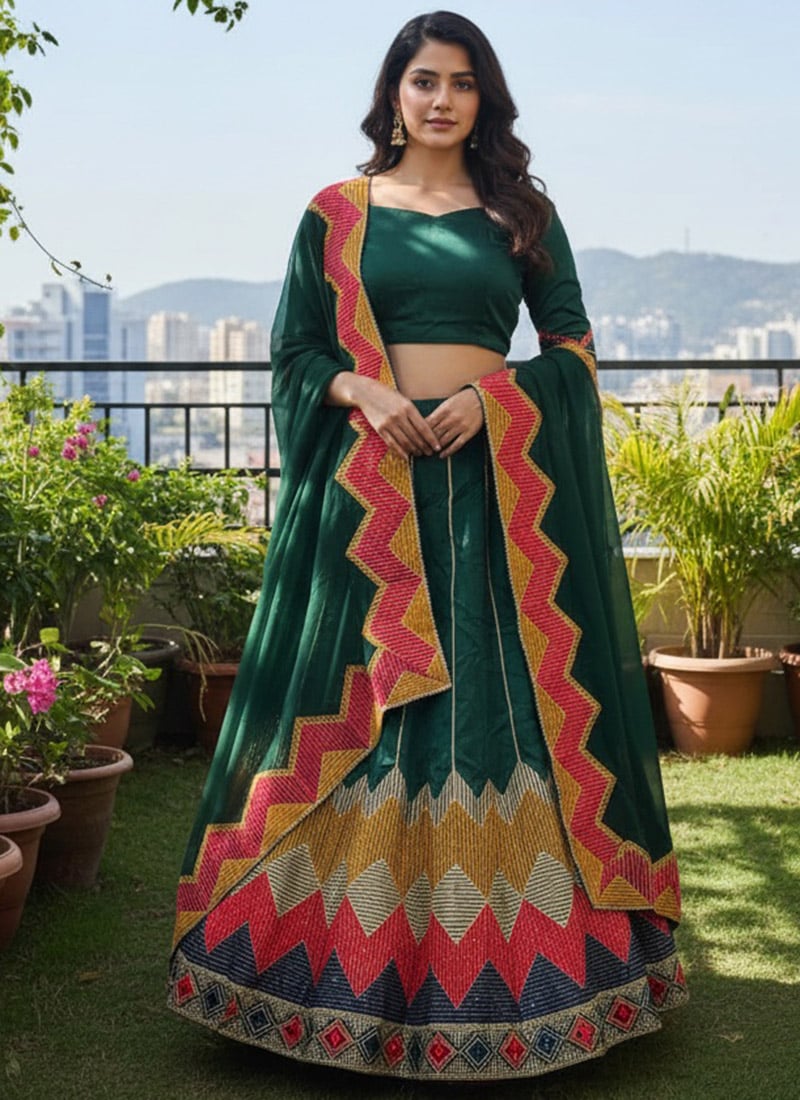 Splendid Green Taffeta Silk Embroidery Thread Work Umbrella Lehenga After Six Wear