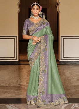 Splendid Light Green Soft Silk Zari Weaving Heavy Thread Embroidery Khatli Work Saree