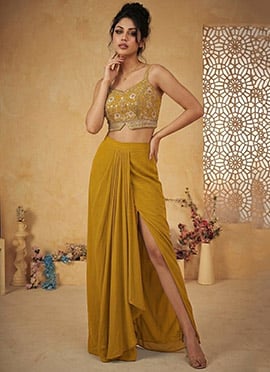 Splendid Mustard Faux Georgette Beads Resham Sequins Indowestern Set And Suit