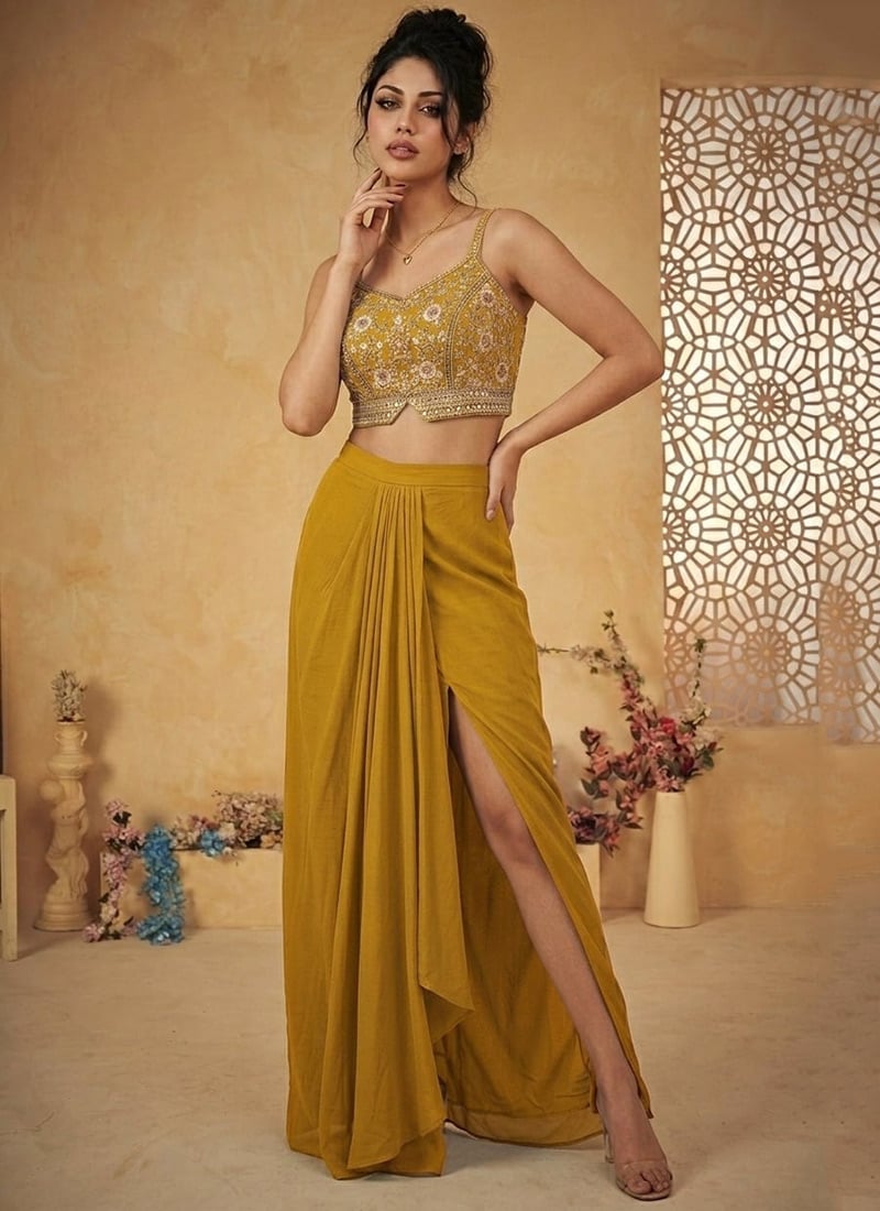 Splendid Mustard Faux Georgette Beads Resham Sequins Indowestern Set And Suit Wedding Wear