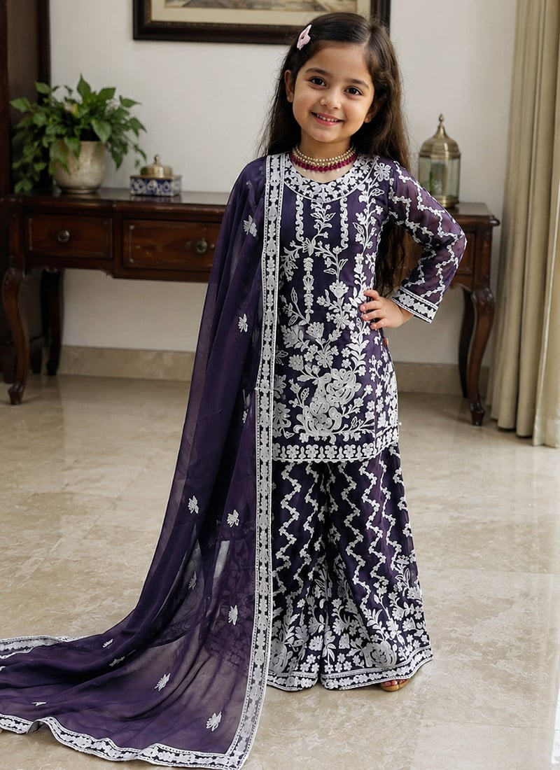 Splendid Purple Georgette Hand Work Kids Girls Palazzo Suit