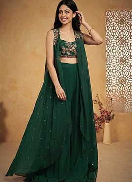 Splendid Rama Green Faux Georgette Zari Stones Beads Sequins Indo Western Set