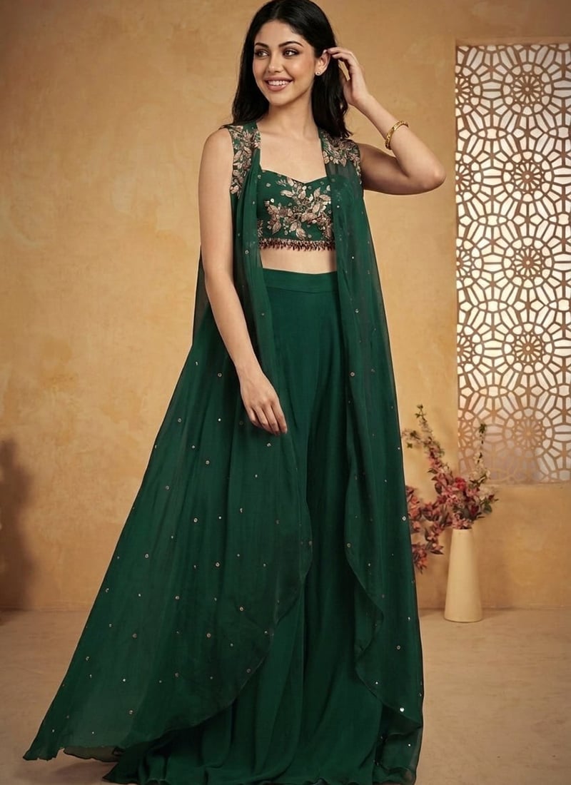 Splendid Rama Green Faux Georgette Zari Stones Beads Sequins Indo Western Set Wedding Wear