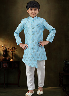 Splendid Sky Blue Banarasi Silk Stone Work Kids Boys Indowestern Sherwani
