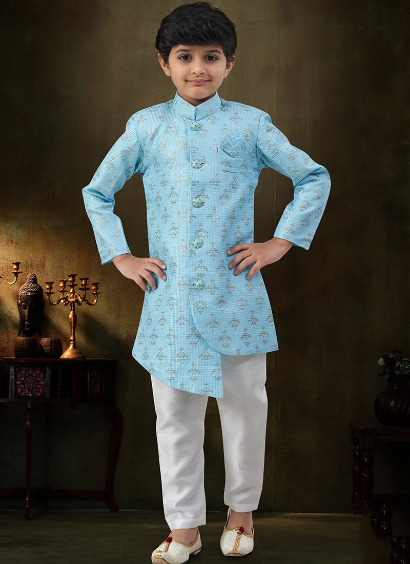Splendid Sky Blue Banarasi Silk Stone Work Kids Boys Indowestern Sherwani Wedding Wear