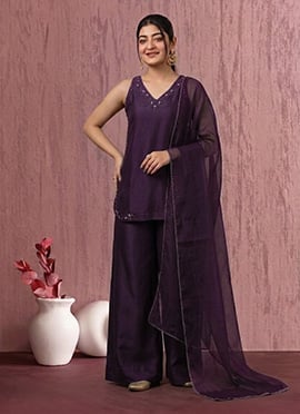 Splendid Violet Art Silk Resham Beads Hand Embroidered Palazzo Suit
