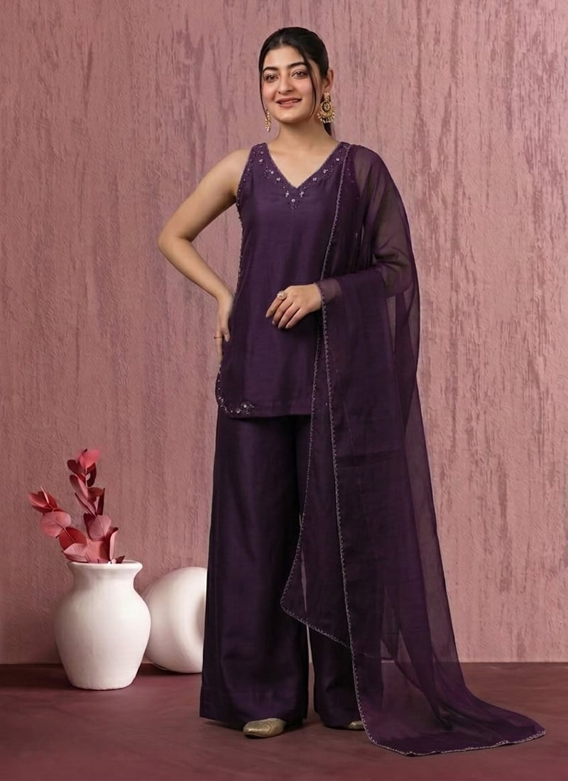 Splendid Violet Art Silk Resham Beads Hand Embroidered Palazzo Suit After Six Wear