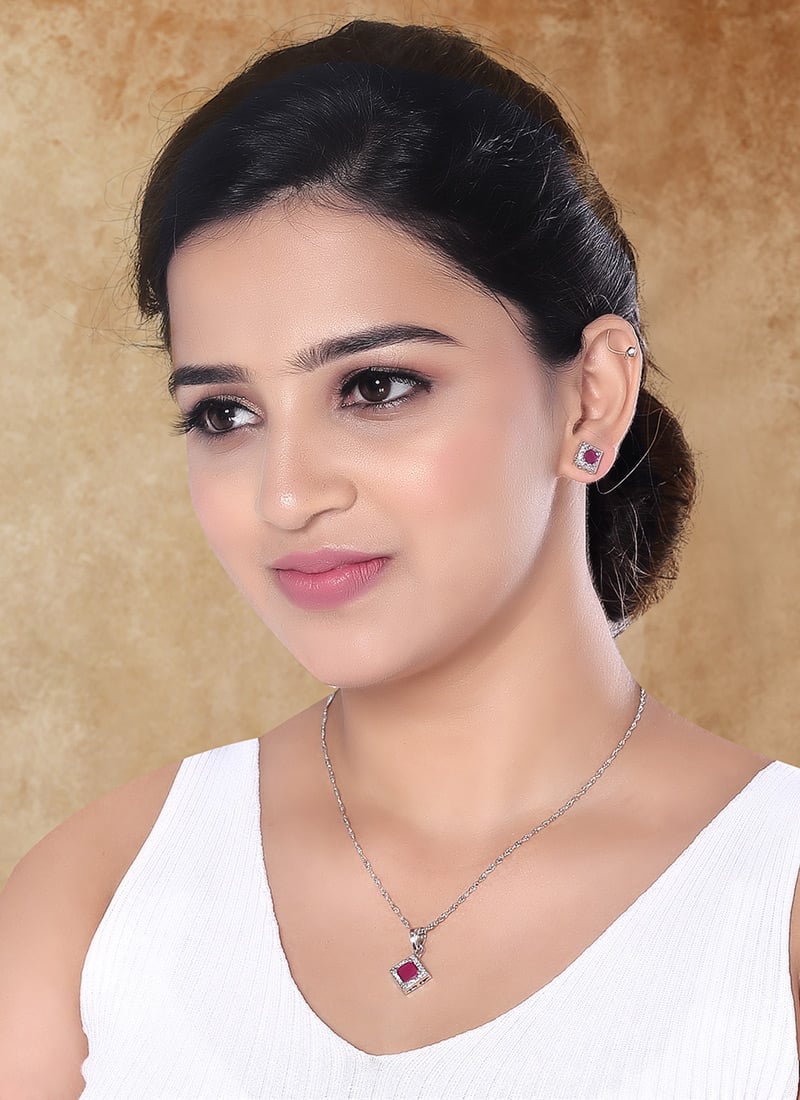 Statement Dark Pink American Diamond Stone Pendant Set Festive Wear