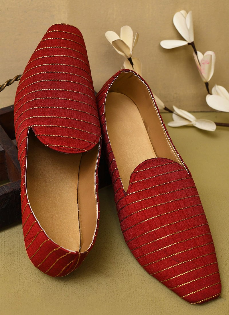Statement Red Dupion Silk Embroidered Mojri