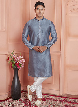 Steel Blue Brocade Jacquard Silk With Zari Work  Kurta Pyjama