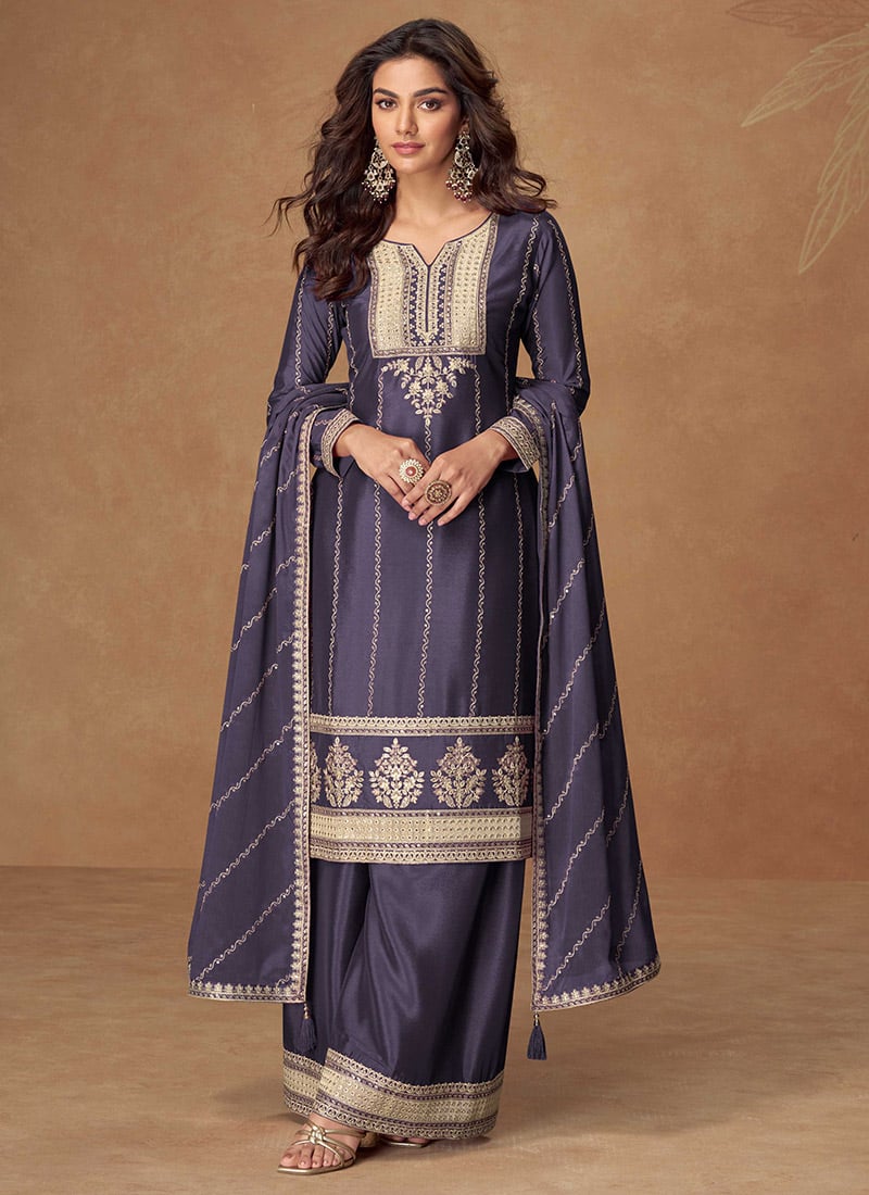 Steel Blue Chinon Silk Zari Embroidered Sequins Palazzo Suit
