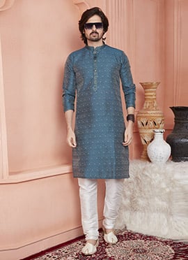 Steel Blue Jacquard Banarasi Silk Zari Work Kurta Pyjama For Men