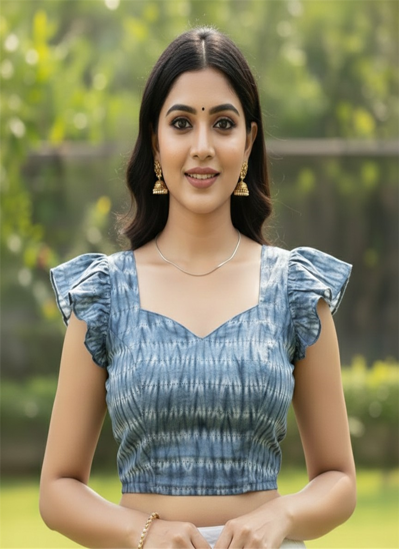 Steel Blue Muslin Ruffle Fancy Smocking Blouse After Six Wear