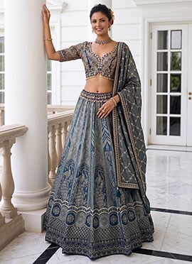 Steel Blue Silk Zari Woven Embroidered Lehenga