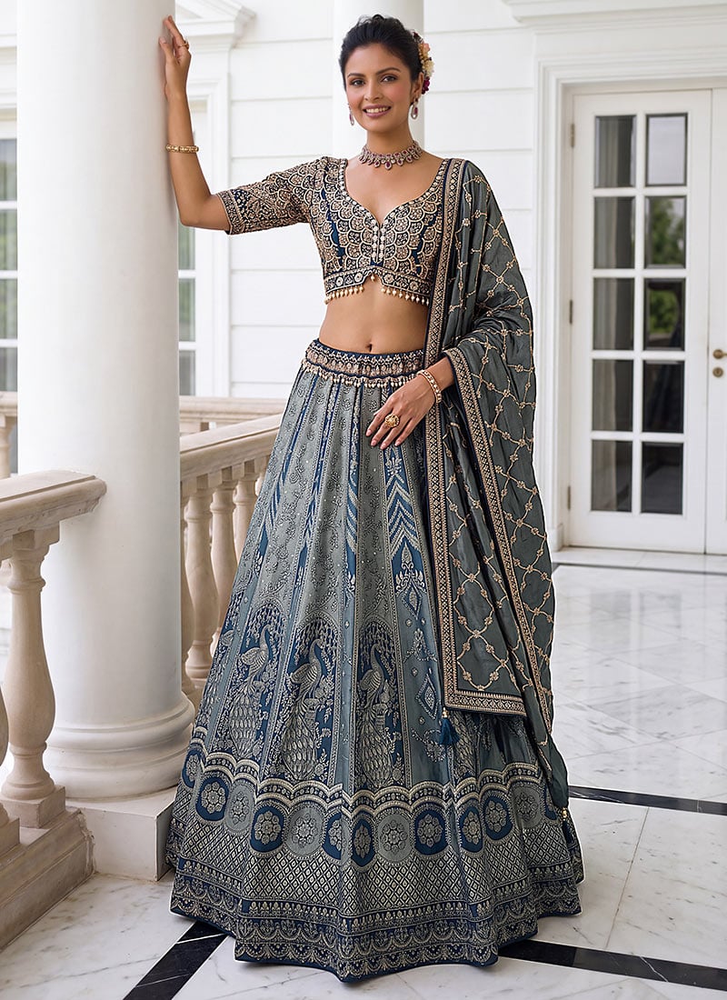 Steel Blue Silk Zari Woven Embroidered Lehenga Wedding Wear