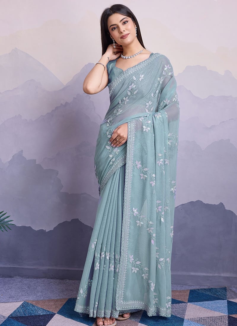Steel Blue Simmer Chiffon Embroidered Sequins Saree Festive Wear