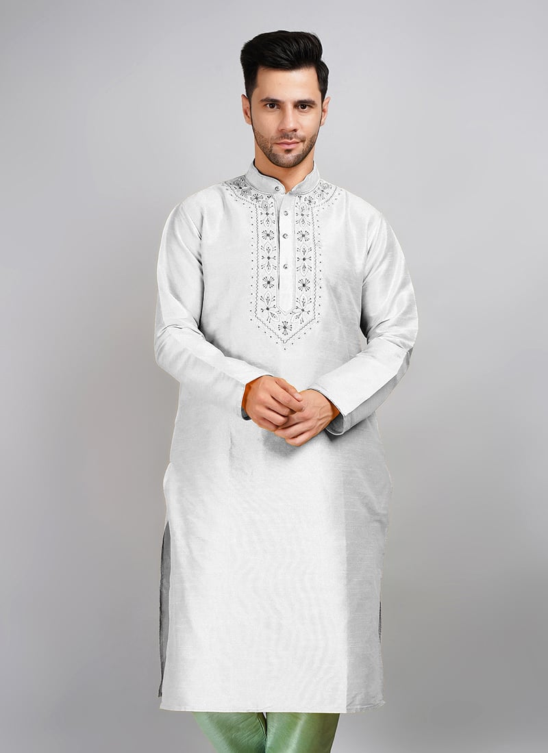 Steel Grey Art Silk Embroidered Kurta