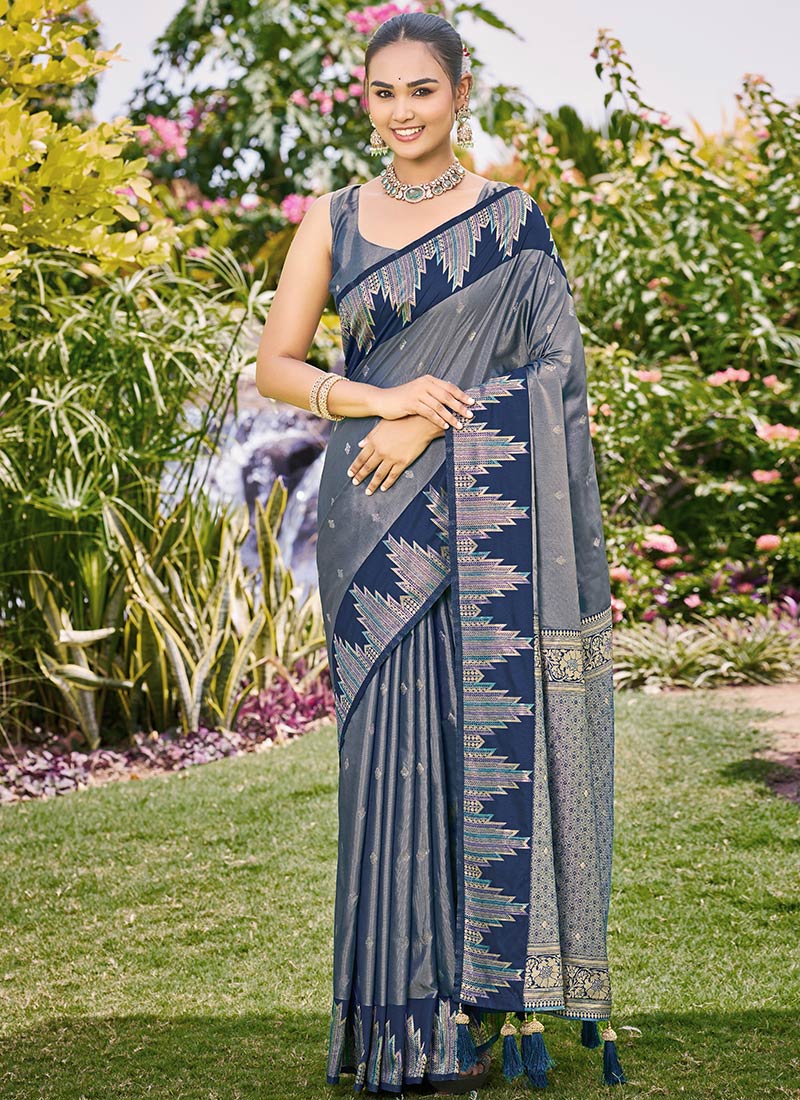 Steel Grey Banarasi Satin Silk Graceful Zari Woven Saree Festive Wear