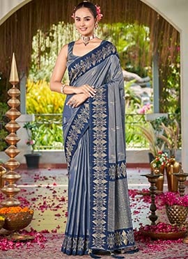 Steel Grey Banarasi Satin Silk Graceful Zari Woven Saree