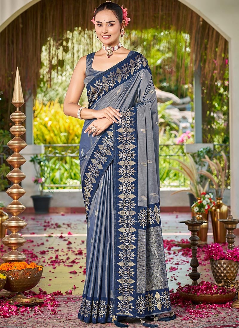 Steel Grey Banarasi Satin Silk Graceful Zari Woven Saree Festive Wear
