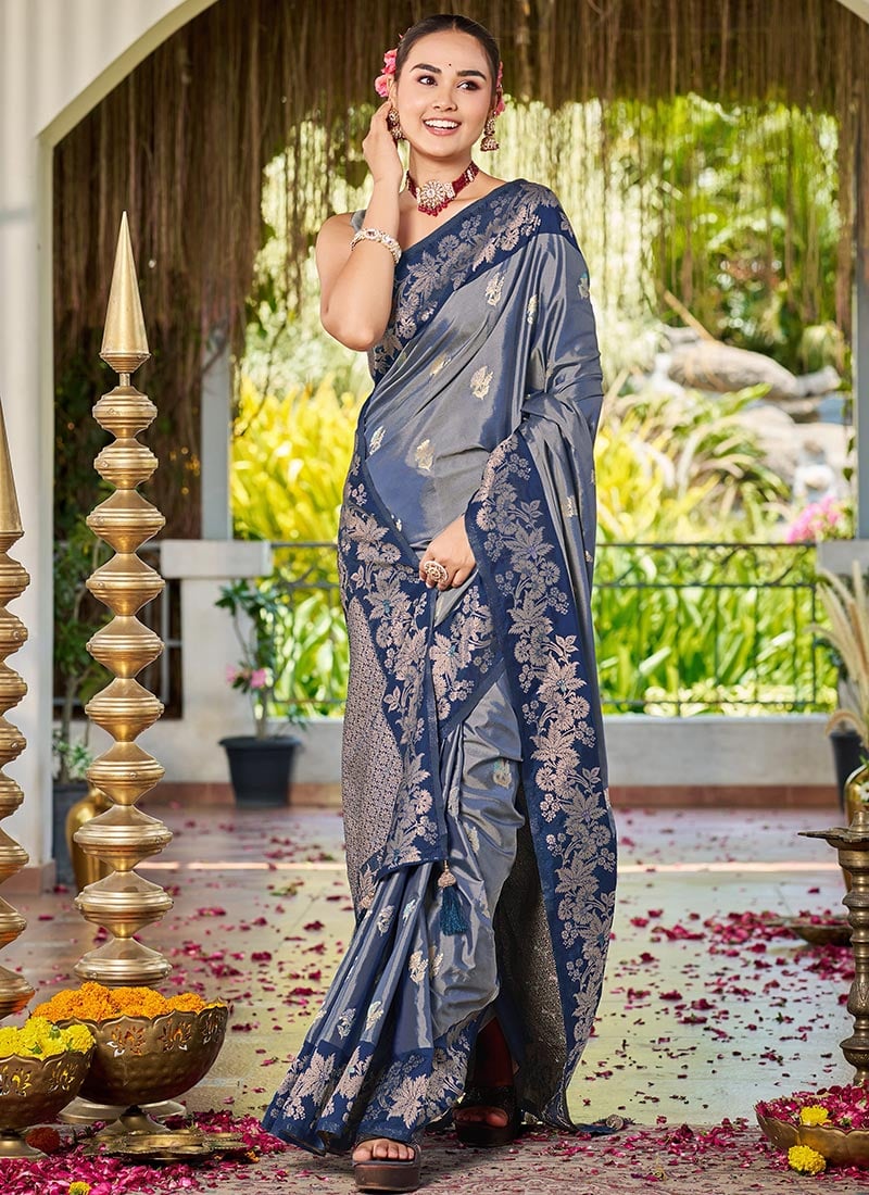 Steel Grey Banarasi Satin Silk Graceful Zari Woven Saree Festive Wear