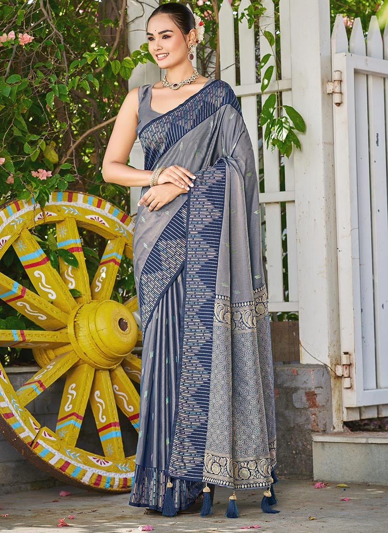 Steel Grey Banarasi Satin Silk Zari Woven Saree Festive Wear