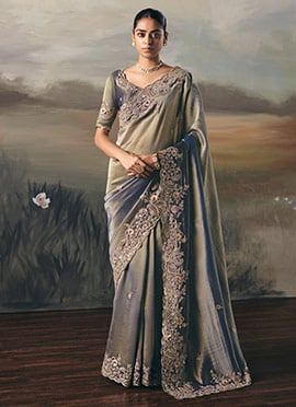 Steel Grey Silk Zari Embroidered Sequins Saree